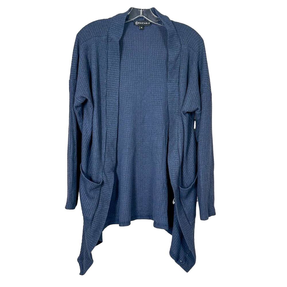 Wantable Women's Waffle Knit Long Sleeve Open Front Cardigan Navy Size Medium